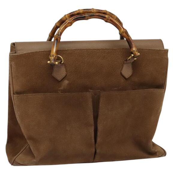 GUCCI Bamboo Hand Bag Suede Leather Beige Gold - Picture 1 of 16